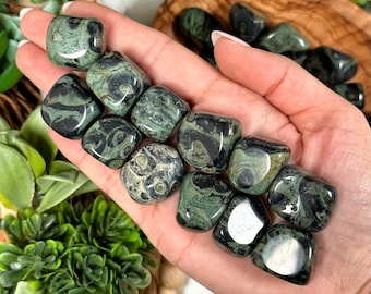 May include: A collection of tumbled green and black dalmatian jasper stones. The stones are smooth and polished, with a variety of patterns and markings.