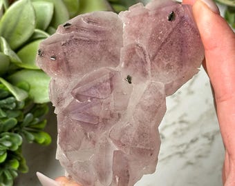 May include: A cluster of translucent, light purple fluorite crystals with dark inclusions. The crystals have a layered appearance and are held in a hand, with green foliage in the background. The fluorite has a soft, natural appearance.