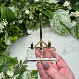 Op de afbeelding: Een heldere, vierkante acryl displaystandaard met een goudkleurige metalen ezel. De standaard is ontworpen om kleine items vast te houden. De achtergrond heeft groen gebladerte en witte bloemen.