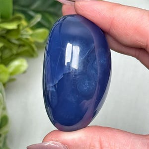 May include: A smooth, oval-shaped, polished stone in a deep blue hue. The stone has subtle internal patterns and a glossy surface, reflecting light. The object is held between fingers, with green foliage in the background.