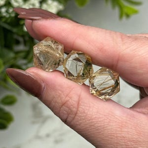 Könnte beinhalten: Drei hexagonal facettierte Rutilquarz-Edelsteine mit klaren, transparenten Körpern und sichtbaren goldenen, nadelartigen Einschlüssen in jedem Stein. Die Steine sind in einer Reihe angeordnet und zeigen ihren geometrischen Schliff und ihre natürlichen Muster.