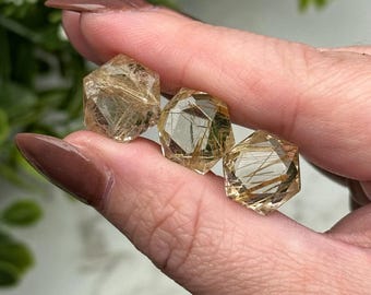 Rutilated Quartz Mini Star of David | S, M, L | - No. 909 (Polished Gold Crystal Hexagon Carving)