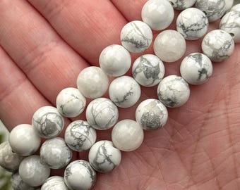 Pulsera de howlita / 8-12 mm / - N.º 619 (Joyas de cristal de mármol blanco pulido, Chakra coronario, Intuición)