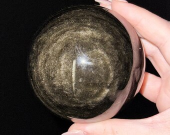 Gold Sheen Obsidian Sphere | 69mm | - #9 (Polished Black Crystal Ball, Root Chakra, Grounding)