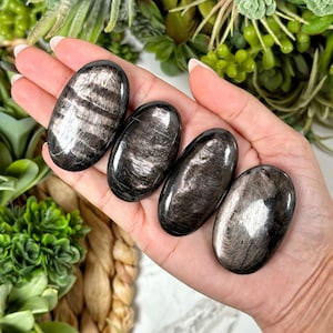 Puede incluir: Cuatro piedras de palma de obsidiana negra con vetas plateadas. Las piedras son lisas y pulidas, y están dispuestas en fila sobre una mano.
