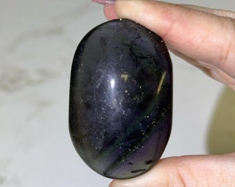 Fluorite with Pyrite Palmstone | 69g | - #2 (Polished Blue Crystal Pocket Stone Palm, Throat Chakra, Peace)