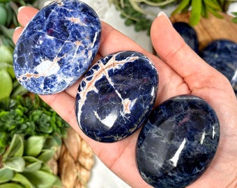 Sodalite Palmstone | S, L | - No. 186 (Polished Blue Crystal Pocket Stone Palm, Throat Chakra, Peace)