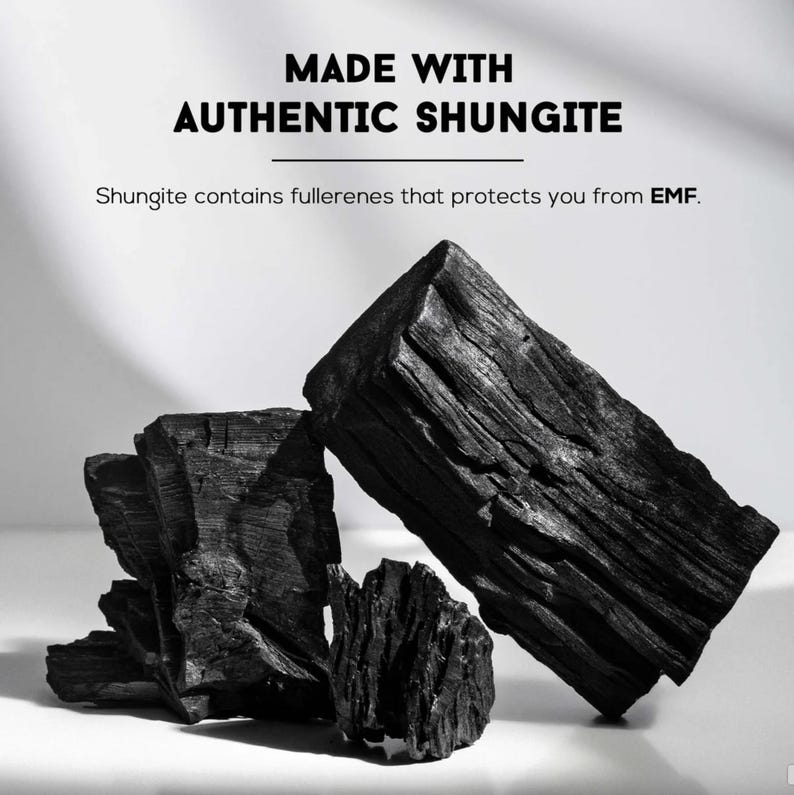 May include: A collection of rough, black shungite stones. The image includes the text "MADE WITH AUTHENTIC SHUNGITE" and "Shungite contains fullerenes that protects you from EMF."