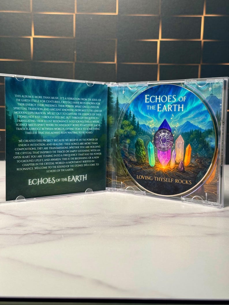 K&ouml;nnte beinhalten: Ge&ouml;ffnete CD-H&uuml;lle mit CD und Innenseite. Die CD zeigt eine farbenfrohe Illustration von Kristallen und einer Berglandschaft. Die Texte "Echoes of the Earth" und "Loving Thyself Rocks" sind sichtbar. Die Innenseite enth&auml;lt Text &uuml;ber das Album.