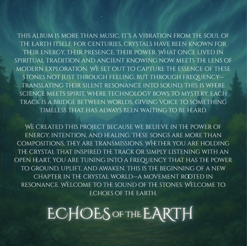 K&ouml;nnte beinhalten: Werbebild f&uuml;r "Echoes of the Earth". Der Text beschreibt die Themen des Albums: Energie, Heilung und die Verbindung zwischen Kristallen und Klang. Das Album wird als Br&uuml;cke zwischen den Welten beschrieben, die die Zuh&ouml;rer einl&auml;dt, sich auf eine Frequenz der Erdung und des Erwachens einzustellen.