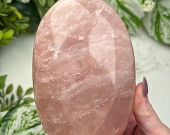 Op de afbeelding: Een gepolijst rozenkwartskristal in een afgeronde, ovale vorm. De steen heeft een zachte roze kleur met natuurlijke adering en een glanzende afwerking. Het kristal wordt in een hand gehouden, met groen gebladerte op de achtergrond.