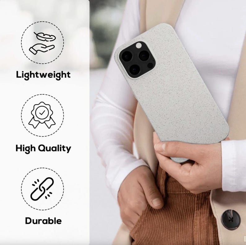 May include: A light gray speckled phone case with a camera cutout. The case is held by a person. The image also includes the words "Lightweight", "High Quality", and "Durable" with corresponding icons.