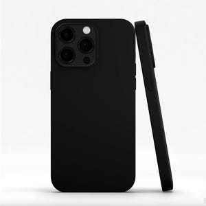 May include: A black phone case, shown upright and leaning against another. The case has a matte finish and features cutouts for the camera lenses and flash. The phone case is designed to protect the phone from scratches and damage.