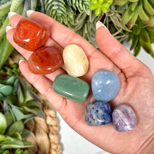 May include: Seven tumbled stones in a hand, each representing a chakra. The stones are red, orange, yellow, green, blue, indigo, and violet.
