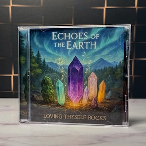 May include: A CD case featuring the album "Echoes of the Earth." The cover art depicts colorful crystals, musical notes, and a landscape with mountains and trees. The text "Loving Thyself Rocks" is at the bottom.