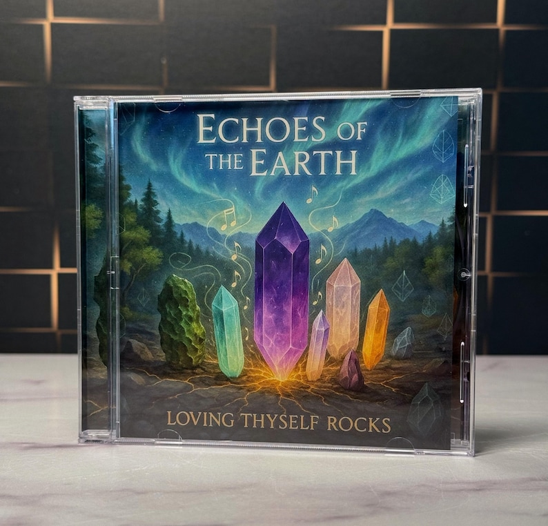 K&ouml;nnte beinhalten: Eine CD-H&uuml;lle mit dem Album "Echoes of the Earth". Das Cover zeigt farbenfrohe Kristalle, Noten und eine Landschaft. Der Text "Loving Thyself Rocks" ist am unteren Rand des Covers zu sehen.