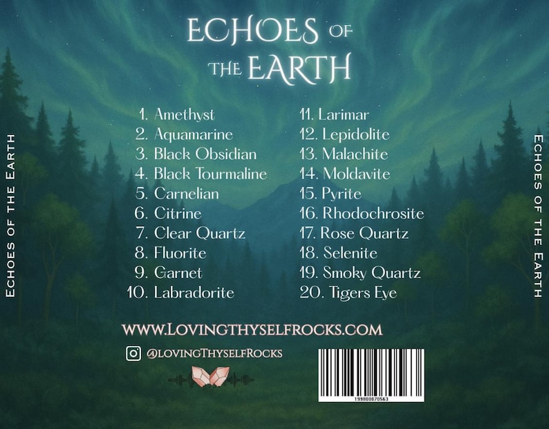 K&ouml;nnte beinhalten: Produktbild mit dem Text "Echoes of the Earth" und einer Liste von Edelsteinen: Amethyst, Aquamarin, Schwarzer Obsidian, Schwarzer Turmalin, Karneol, Citrin, Klarer Quarz, Fluorit, Granat, Labradorit, Larimar, Lepidolith, Malachit, Moldavit, Pyrit, Rhodochrosit, Rosenquarz, Selenit, Rauchquarz und Tigerauge.
