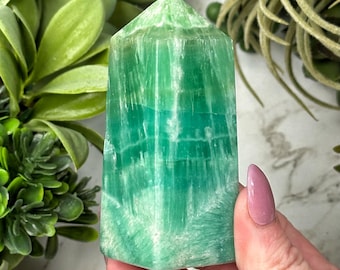 Kiwi Calcite Tower | 150g | - #6 (Polished Green Crystal Point, Heart Chakra, Healing Stone, Love)