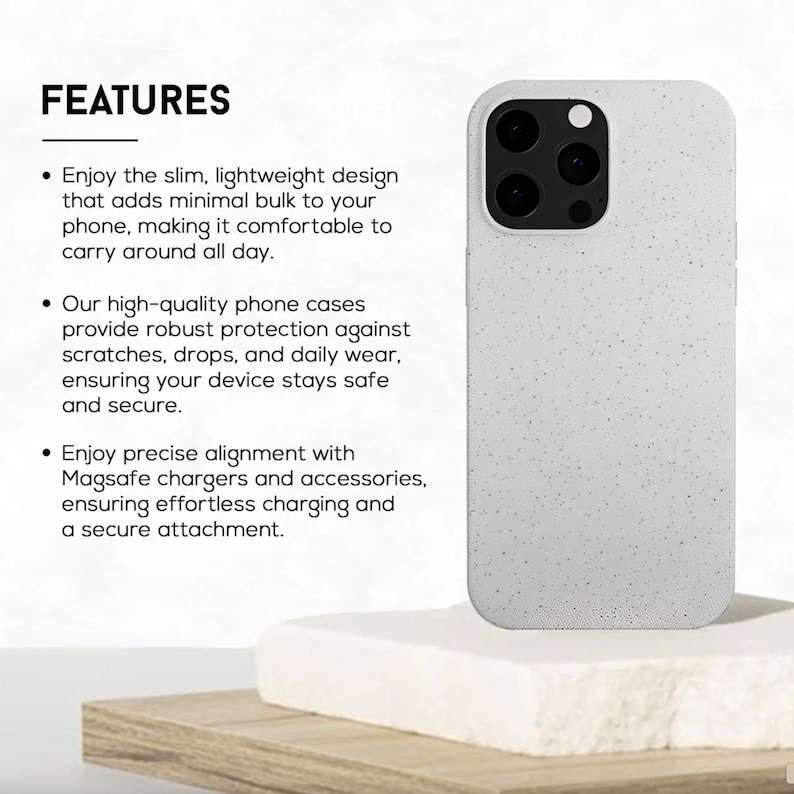 May include: A white speckled phone case with a camera cutout. The case is shown on a white block with the word "FEATURES" at the top. The features include a slim, lightweight design, robust protection, and precise alignment with MagSafe chargers.