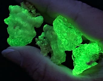 Może przedstawiać: Kolekcja zielonych fluorescencyjnych okazów mineralnych o szorstkiej, fakturowanej powierzchni, trzymanych w dłoni.