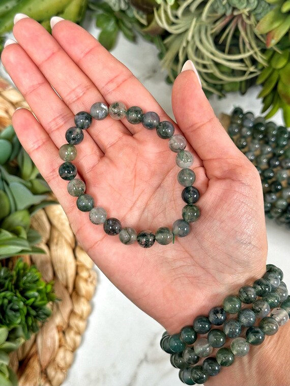 Bracciale Reiki In Agata Muschio Naturale - Pietre Curative Vere 8mm, Fatto A Mano In India, 18cm - Bracciale Elasticizzato Per Benessere, Energia E Consapevolezza - 5