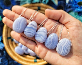 ONE Blue Lace Agate Teardrop Necklace - Soothing - Throat Chakra, Calming Stone No. 92