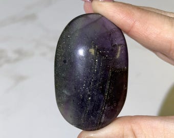 Fluorite with Pyrite Palmstone | 58g | - #3 (Polished Blue Crystal Pocket Stone Palm, Throat Chakra, Peace)