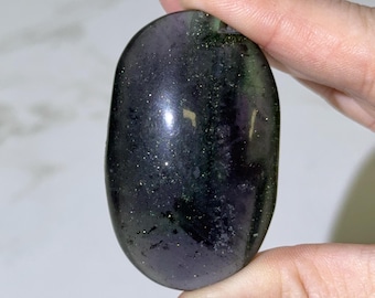 Fluorite with Pyrite Palmstone | 57g | - #1 (Polished Blue Crystal Pocket Stone Palm, Throat Chakra, Peace)