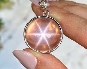Sterling Silver Star Rose Quartz Circle Pendant - Heart Chakra - No. 269