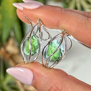 RARE AUTHENTIC Moldavite Raw Spiral Earrings - &quot;The Stone of Transformation&quot;- Sterling Silver Style 1