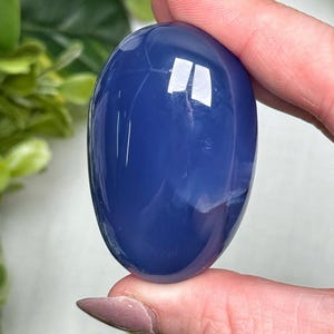May include: A smooth, oval-shaped, deep blue gemstone is held between fingers. The polished stone has a glossy surface with subtle white veining. The background features green foliage. The gemstone is approximately 2 inches in length.