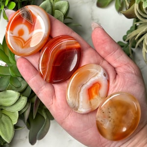 May include: Four polished agate stones in shades of orange, red, and white are held in a hand. The stones have a smooth, glossy finish and display natural banding patterns. The gemstones vary in size and shape, with an oval form.