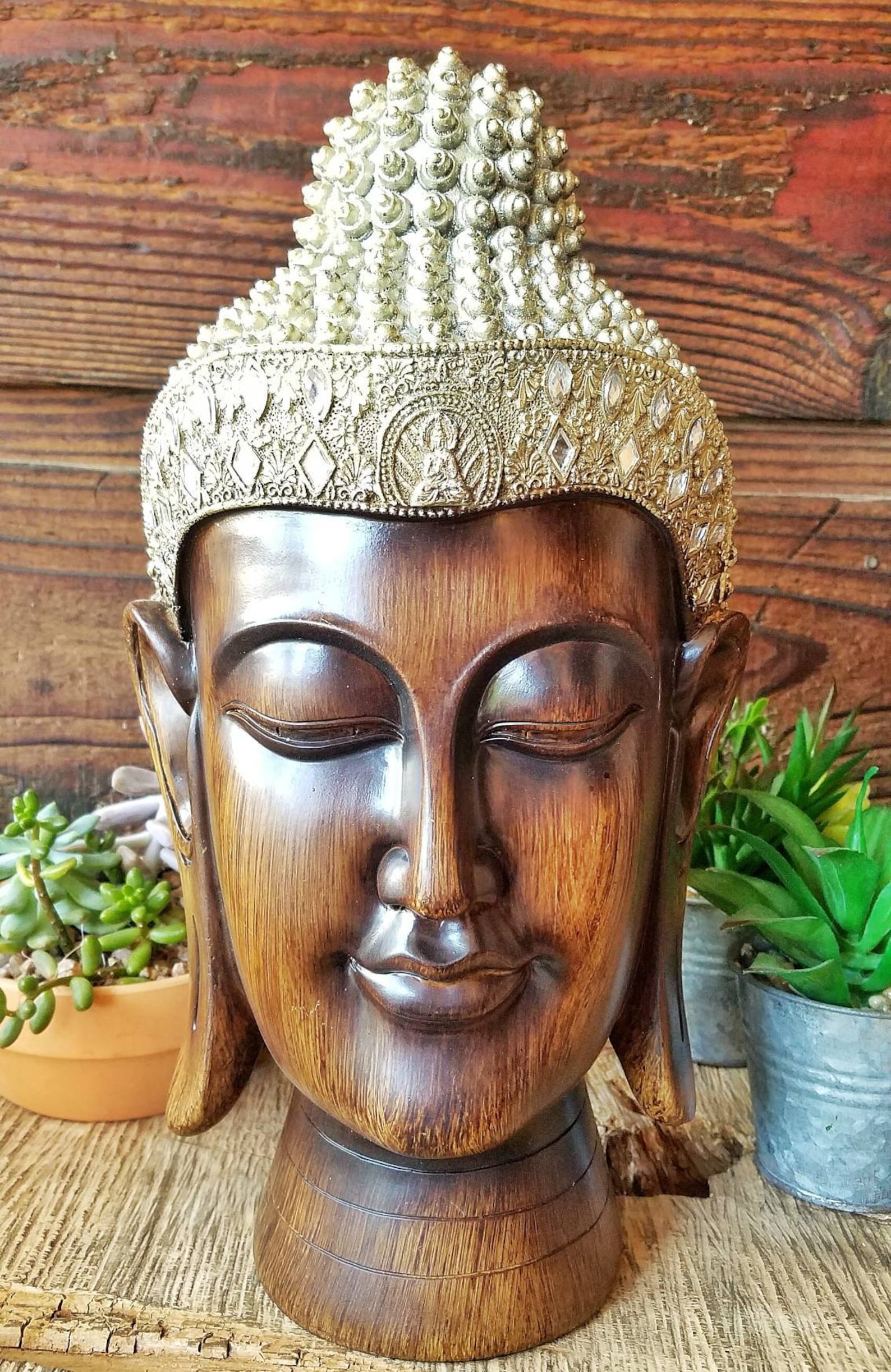 LARGE Unique Wooden look Gold & Silver Buddha Head Statue Etsy