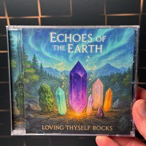 K&ouml;nnte beinhalten: CD-H&uuml;lle mit dem Titel "Echoes of the Earth" und dem Slogan "Loving Thyself Rocks". Das Cover zeigt farbige Kristalle, einen Wald und einen Nachthimmel mit Noten.