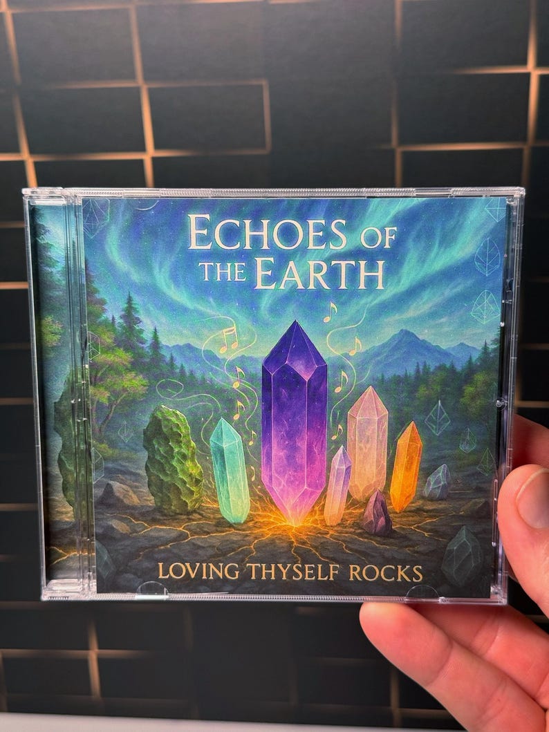 K&ouml;nnte beinhalten: CD-H&uuml;lle mit dem Titel "Echoes of the Earth" und dem Slogan "Loving Thyself Rocks". Das Cover zeigt farbige Kristalle, einen Wald und einen Nachthimmel mit Noten.