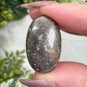 May include: An oval-shaped gemstone with a mottled pattern of gray, brown, and silver. The polished surface reflects light, highlighting the stone's natural textures. The gemstone is held between two fingers.