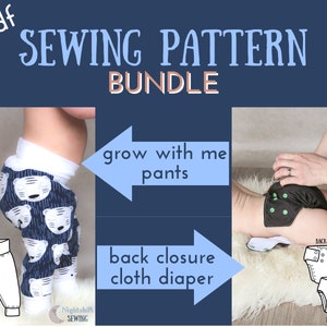 Pdf SEWING PATTERN BUNDLE - Grow with me pants / Baby leggings + Back/side closure cloth diaper