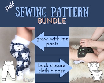 Pdf SEWING PATTERN BUNDLE - Grow with me pants / Baby leggings + Back/side closure cloth diaper
