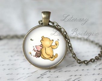 Winnie the Pooh, Classic Pooh and Piglet Friendship Illustration, A. A. Milne Necklace or Keyring, Keychain.