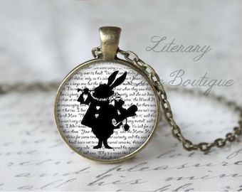 Alice in Wonderland, White Rabbit Silhouette, Lewis Carroll Necklace or Keyring, Keychain.