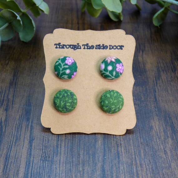 Fairy Green Purple Floral Vine Vintage Fabric Cover Button Stud