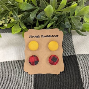 Mustard Yellow Buffalo Check Fabric Cover Button Stud Earrings - Plastic Post or Stainless Steel Post