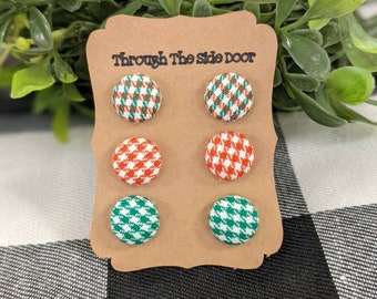 Christmas Plaid Checked Fabric Cover Button Stud Earrings - Plastic Post or Stainless Steel Post