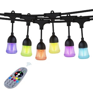 May include: A string of 8 LED lights with a remote control. The lights are in a bell shape and are multi-colored. The remote control has a variety of buttons for controlling the lights.
