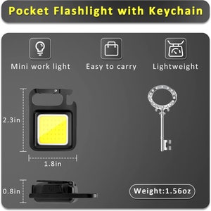 May include: A small, black flashlight with a keychain ring. The flashlight has a white LED light and measures 2.3 inches tall, 1.8 inches wide, and 0.8 inches deep. It weighs 1.56 ounces.