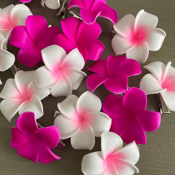 Plumeria Flower Hair Clip Pair - Alligator clips Bobby pin- Hawaiian Aloha Tropical Hot Pink Beach Accessory- Moana Girl Gift- Party Favors