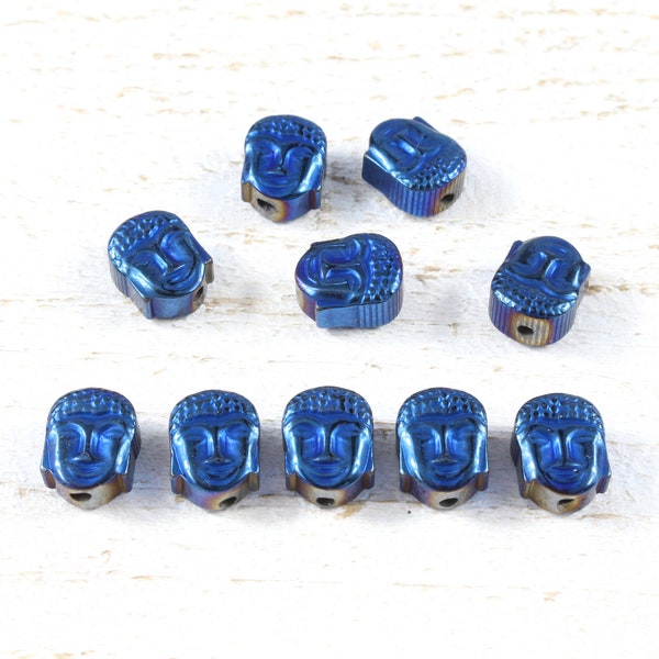perles bouddha en hématite synthétique, bleu foncé, lot de 10, +/- 8x7mm
