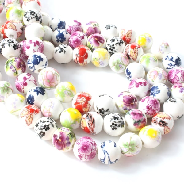 perles porcelaine,  artisanales, multicolores à fleurs, lot de 10, +/- 10mm