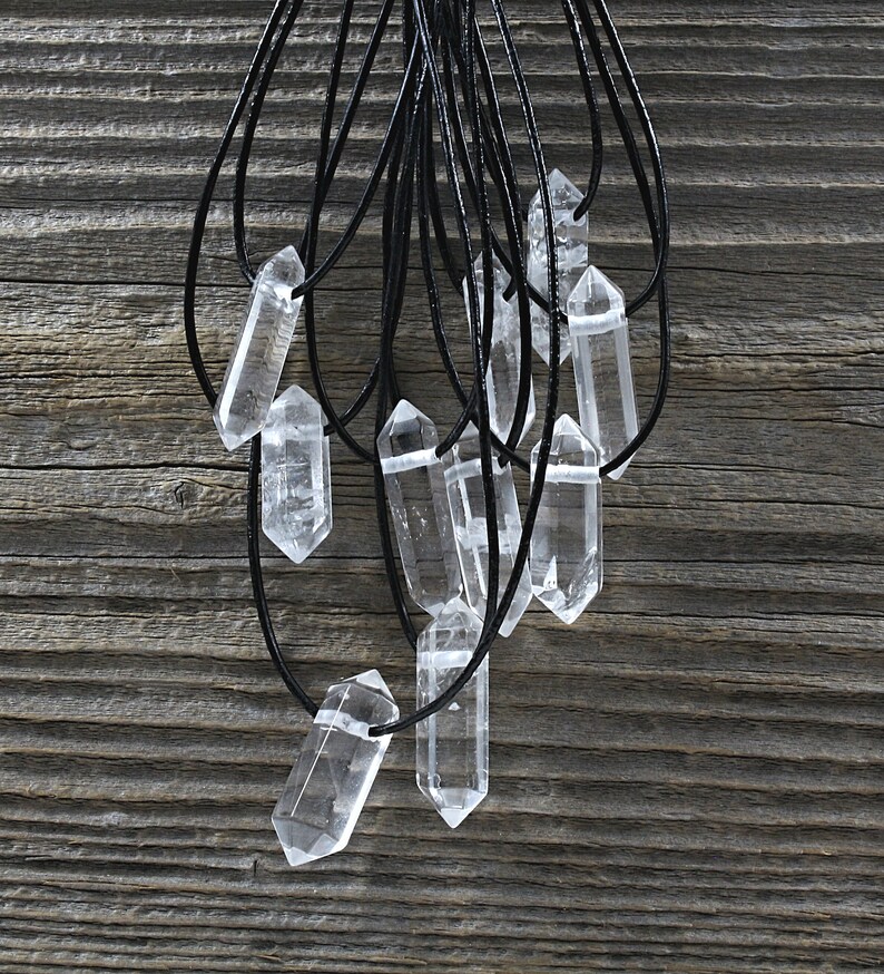 natural rock crystal, faceted double-pointed pendant with leather cord, individually, / 28 to 35mm image 2