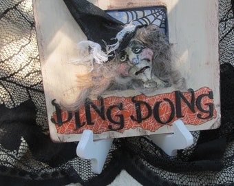 A Witchy Creepy Peeker, Witch peeking in the Window a Unique One of a Kind Original Piece created by Kathie Ruffner of Primville